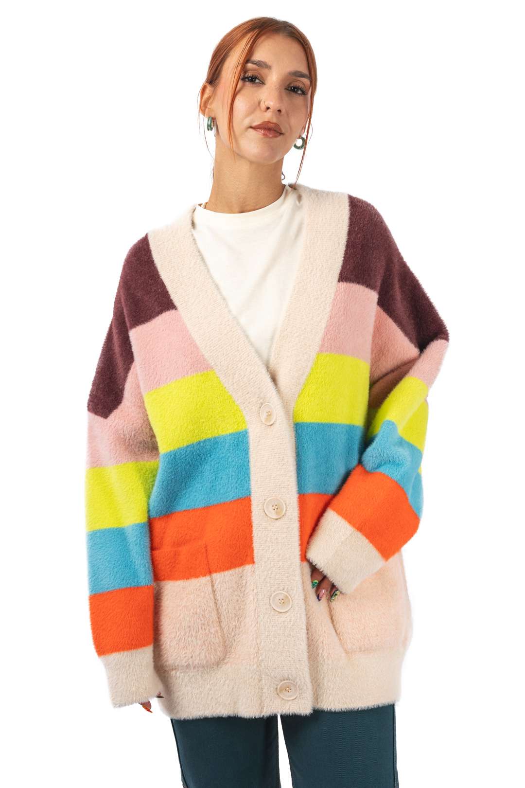 GAAN STRIPED FURRY CARDIGAN